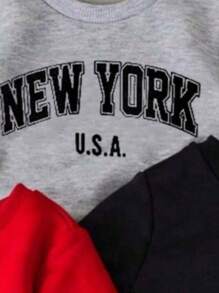 SHEIN 3 件装年轻男孩圆领字母印花长袖街头时尚休闲运动衫套装 - 黑色 - 查看 3