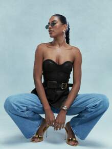 MISSGUIDED 不对称下摆仿皮抹胸上衣，配腰带和钱包 - 黑色 - 查看 4