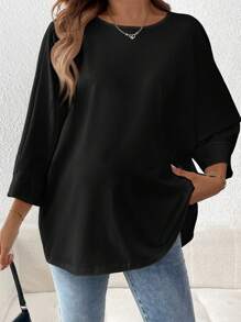 SHEIN Maternity Solid Round Neck Casual Knit T-Shirt - Black - View 1