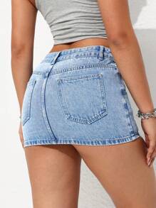 SHEIN Tall Váy Mini Denim Ôm Sát Mùa Hè - Rửa trung bình - Xem 2
