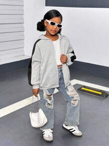 SHEIN Tween Girls Casual Knit Long Sleeve Pullover Fleece Sweatshirt,In Fall/Winter - Red - View 4