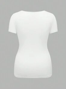 SHEIN 3pcs Maternity Casual Simple Black White & Gray Square Neck Short Sleeve Fitted Pregnancy Tops, Summer