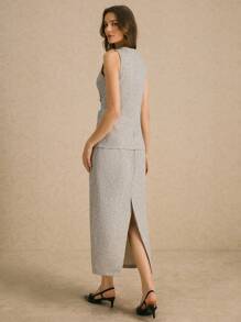 Poéselle 2 件女士单排扣背心和长款中长裙优雅办公室套装，粗花呢背心中长裙套装，优雅风格，轻松时尚必备，FW24 - 彩色 - 查看 6