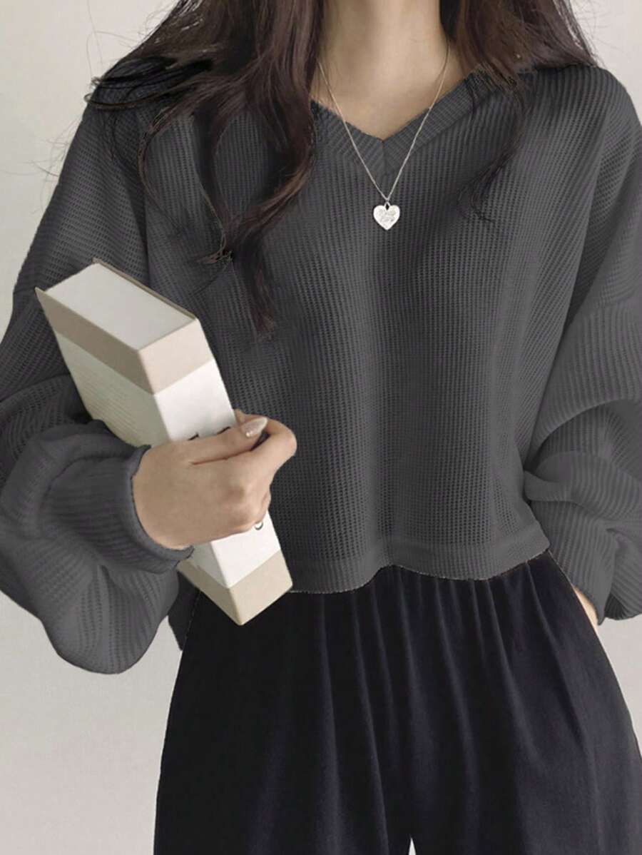 DAZY 女式纯色 V 领落肩长袖宽松休闲 T 恤，春秋装，秋季女装短款女式上衣