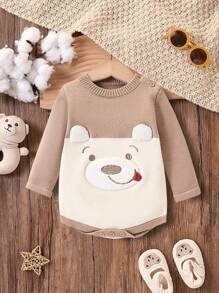Baby Boys' Sweater Bodysuit, Light Brown Embroidered Teddy Bear Design, Warm & Comfortable For Newborns, Suitable For Daily Wear, Outings, Travel, Home, Daycare And School - Coffee Brown - View 1