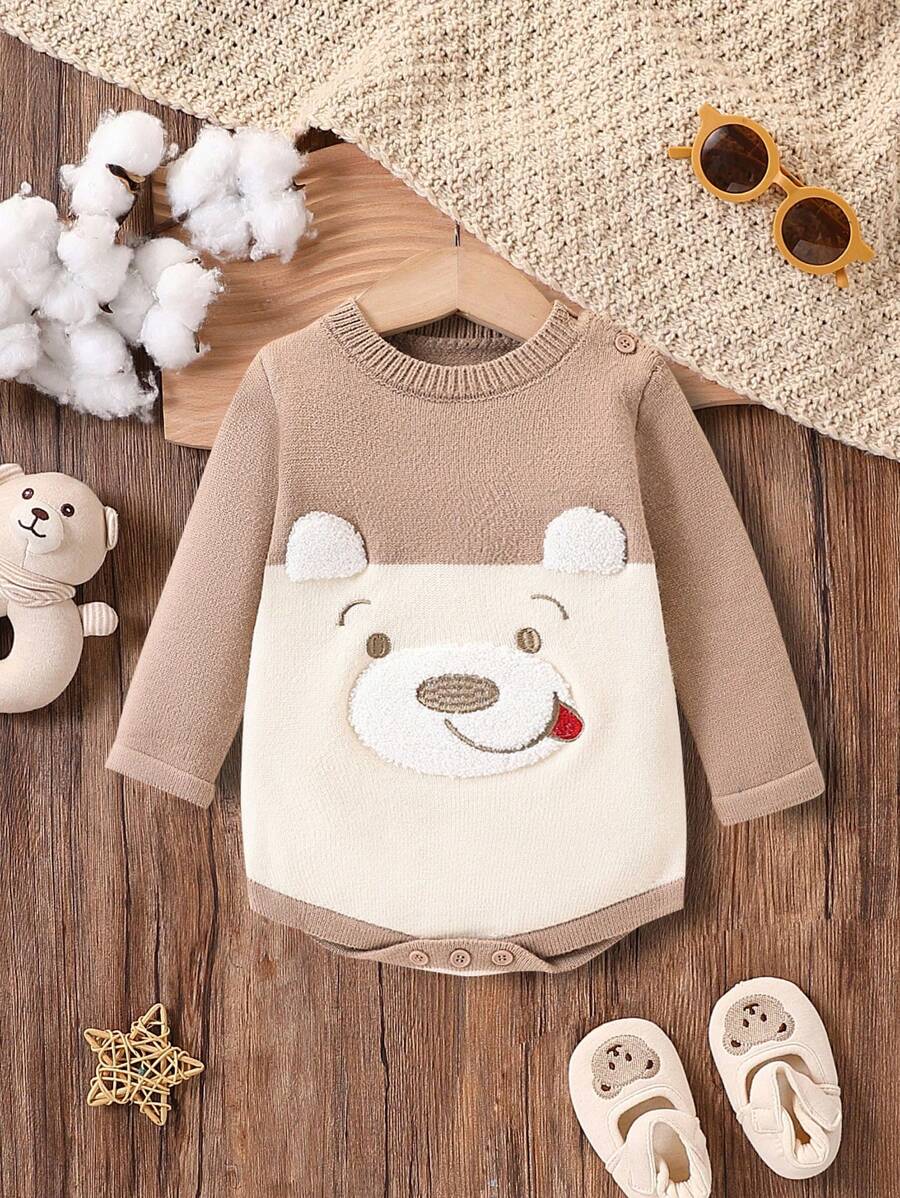Baby Boys' Sweater Bodysuit, Light Brown Embroidered Teddy Bear Design, Warm & Comfortable For Newborns, Suitable For Daily Wear, Outings, Travel, Home, Daycare And School - Coffee Brown - View 1