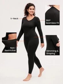 LUVLETTE Plus 女士保暖内衣超柔软底层寒冷天气温暖冬季睡衣套装 V 领上衣和长裤 - 黑色 Warmlette - 黑色 - 查看 3