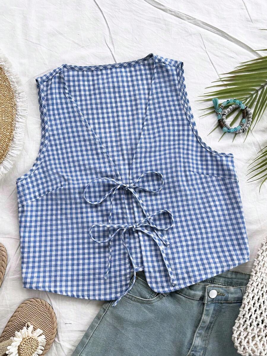 SHEIN WYWH 女式复古格子 V 领蝴蝶结休闲度假背心上衣衬衫 - 藍白色 - 查看 1
