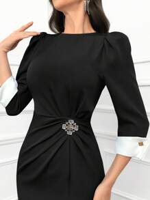 Modelyn Women's Color Block Crew Neck Pleated Elegant Dress Long Evening Dresses