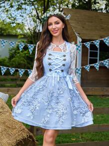 Vestido tradicional bávaro azul bordado Dirndl para mujer, disfraz de sirvienta alemana de Oktoberfest - Azul - Ver 5