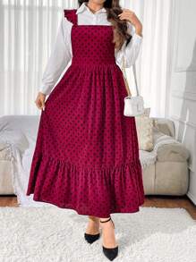 SHEIN Unity Plus Size Women's Summer Polka Dot Print Patchwork Ruffle Hem Long Strap Dress - Burgundy - View 4