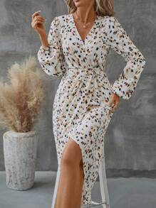 Chiquease 女式优雅 V 领褶皱下摆开衩花卉印花长袖连衣裙，春夏 - 杏色 - 查看 5