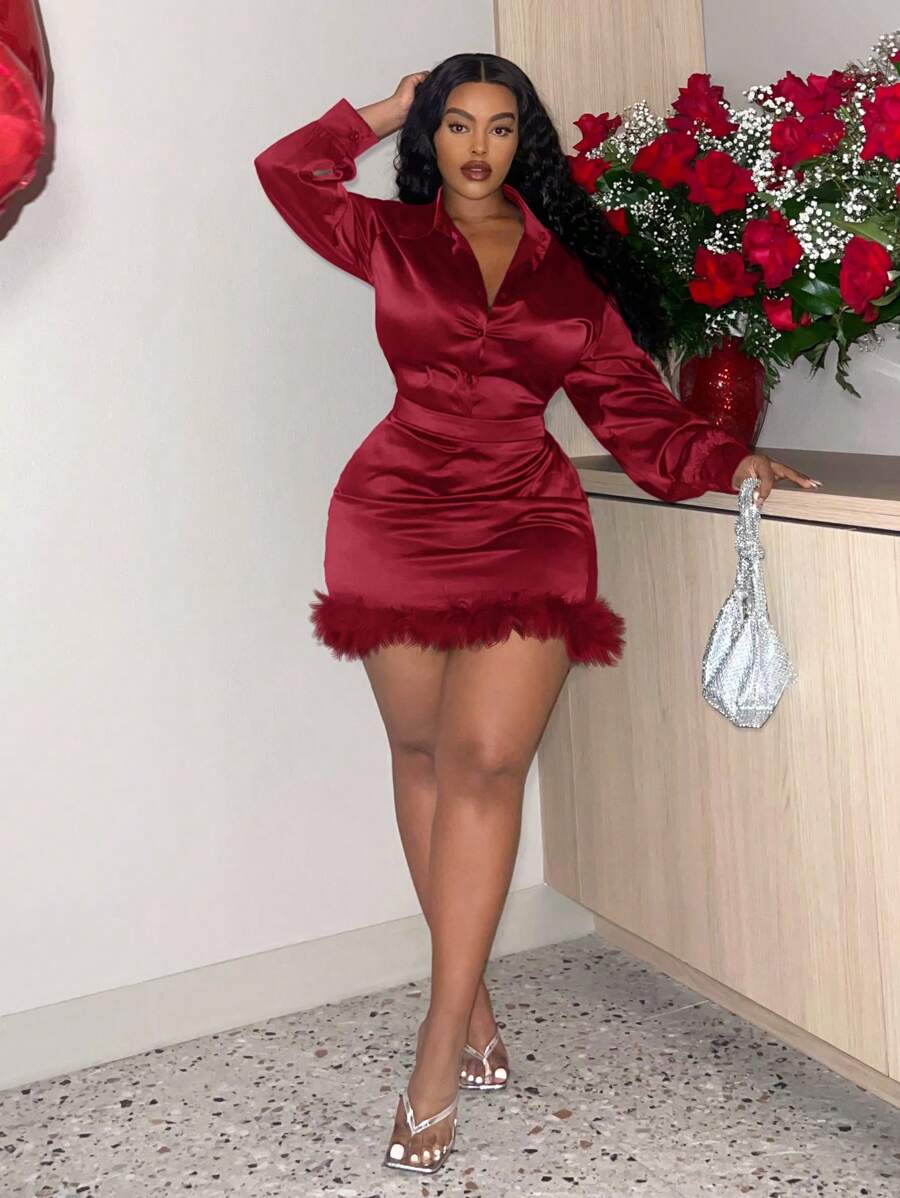 Slaydiva 2 件大码女式优雅时尚流苏拼布衬衫和裙子套装 - 酒紅色 - 查看 1