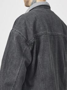 Manfinity EMRG Men's Casual Loose Letter Print Contrast Color Long Sleeve Denim Jacket, Autumn Winter - Dark Grey - View 6