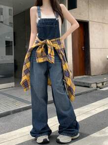 DAZY 女式纯色口袋休闲无袖牛仔连体裤 - 深色水洗藍 - 查看 3