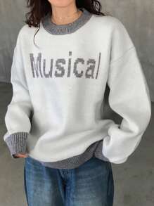 FRIFUL Suéter holgado con bloques de color y letras para mujer, otoño e invierno - Beis - Ver 6