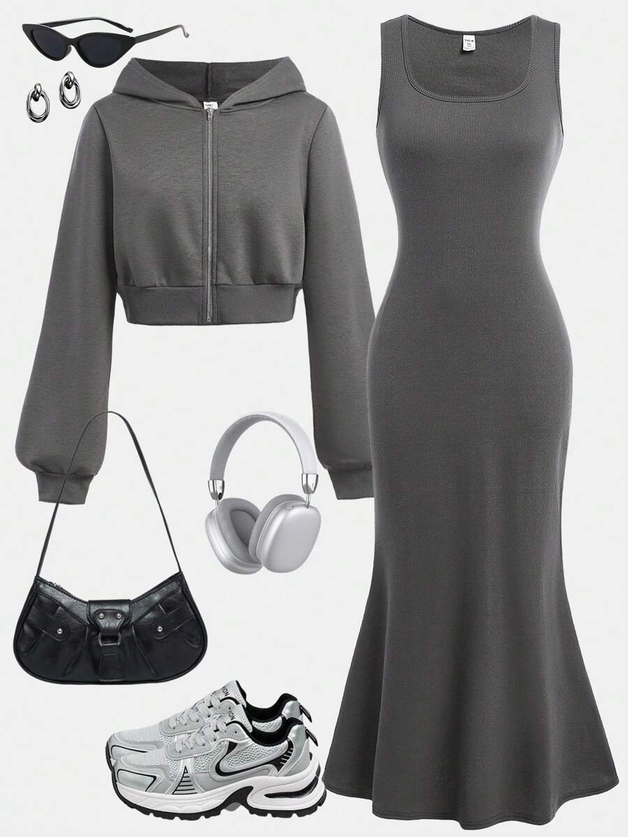 SHEIN Girlism 2pcs/Set Teen Girls Heather Gray Knitted Hoodie Cropped Sweater & Sleeveless Snug Fit Fish Tail Long Dress For Sports, Fleece, Thickened - Dark Grey - View 1