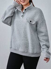 RueChic 100% Cotton Plus Cottnline Drop Shoulder Button Down Flap Sweatshirt - Grey - View 5