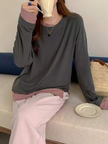 DAZY 1pc Women's Round Neck Long Sleeve 2 In 1 T-Shirt