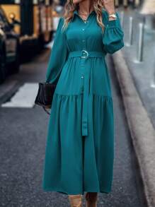 SHEIN LUNE Đầm sơ mi tay bồng màu trơn đơn giản cho nữ mùa xuân hè maxi trang phục nữ - Màu xanh bụi bặm - Xem 6