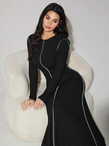 Veilorie Women's Long Sleeve Round Neck Elegant Extra Long Dress, Spring/Summer Modest