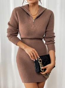 Chiquease Abito maglia elegante con collo alto, maniche lunghe e cerniera, stile maglia, adatto per autunno/inverno - Cachi - Visualizzare 3