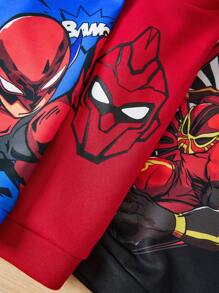 SHEIN Leap Crew Bộ 3 chiếc/bộ áo nỉ cổ tròn tay dài in họa tiết siêu anh hùng giản dị cho bé trai ấm áp, thoải mái, màu đen, đỏ, xanh, thích hợp mặc khi trở lại trường, sinh nhật, tiệc chào đón em bé, tiệc ngày lễ, mùa thu/đông, mua 1 tặng 2 - Nhiều màu - Xem 3