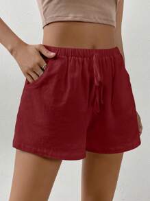 Muchica 女士纯色抽绳腰宽松休闲短裤 - 紅色 - 查看 6