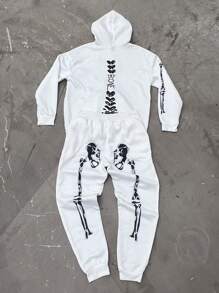 PAVTROS Conjunto casual de 2 piezas para hombre formado por sudadera con capucha estampada con letras y pantalones con estampado de calavera, ropa de Halloween, conjunto de sudadera y pantalón de chándal, prendas blancas de dos piezas para hombre, chándal, ropa de otoño para hombres
