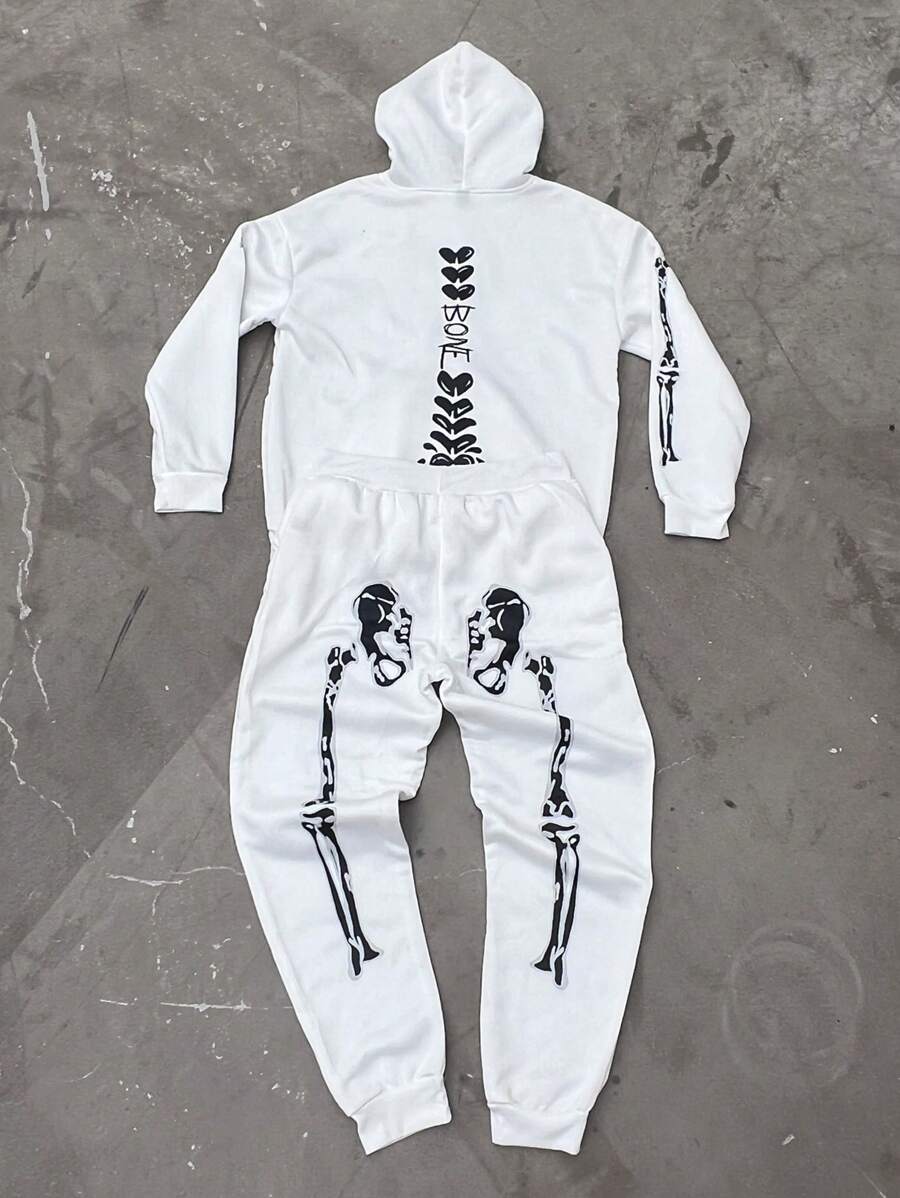 PAVTROS Conjunto casual de 2 piezas para hombre formado por sudadera con capucha estampada con letras y pantalones con estampado de calavera, ropa de Halloween, conjunto de sudadera y pantalón de chándal, prendas blancas de dos piezas para hombre, chándal, ropa de otoño para hombres