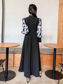 FRIFUL Women's Floral Print Bubble Sleeve Keyhole Neck Elegant Dress,Fall Dress Long Sleeve Dress