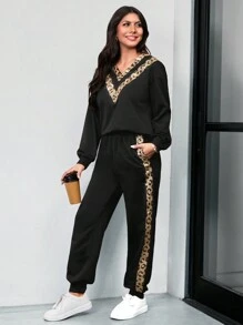 SHEIN LUNE Women Casual Leopard Contrast Color Sequin Oversized Sweatshirt And Sports Pants