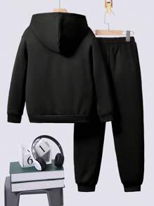 SHEIN Bộ 2 món/Bộ áo hoodie và quần nỉ in họa tiết mạng nhện phong cách Mỹ thời trang cỡ lớn cho bé trai - màu đen - Xem 2