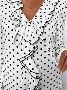 SHEIN Clasi Blusa elegante con cuello de volantes de contraste negro, manga farol y lunares para mujeres