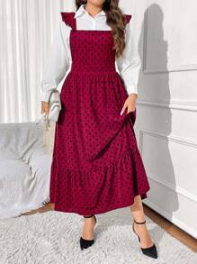 SHEIN Unity Plus Size Women's Summer Polka Dot Print Patchwork Ruffle Hem Long Strap Dress - Burgundy - View 6