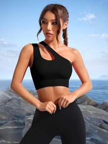 Slayform 中度支撐單肩鏤空運動型文胸 - 黑色 - 查看 3