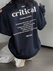 DAZY Women's Loose Solid Color Letter Printed Fleece Sweatshirt,Fall Clothes,Winter - Navy Blue - View 1