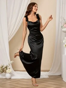 SHEIN Belle Shein Belle Women's Ball Solid Color Off-Shoulder Evening Dress, Shoulder Straps Are Sewn With Fur Strips, Comfortable, Simple And Fashionable, Elegant Prom Semi Formal Dress, For Birthday, Wedding Guest, Graduation Homecoming