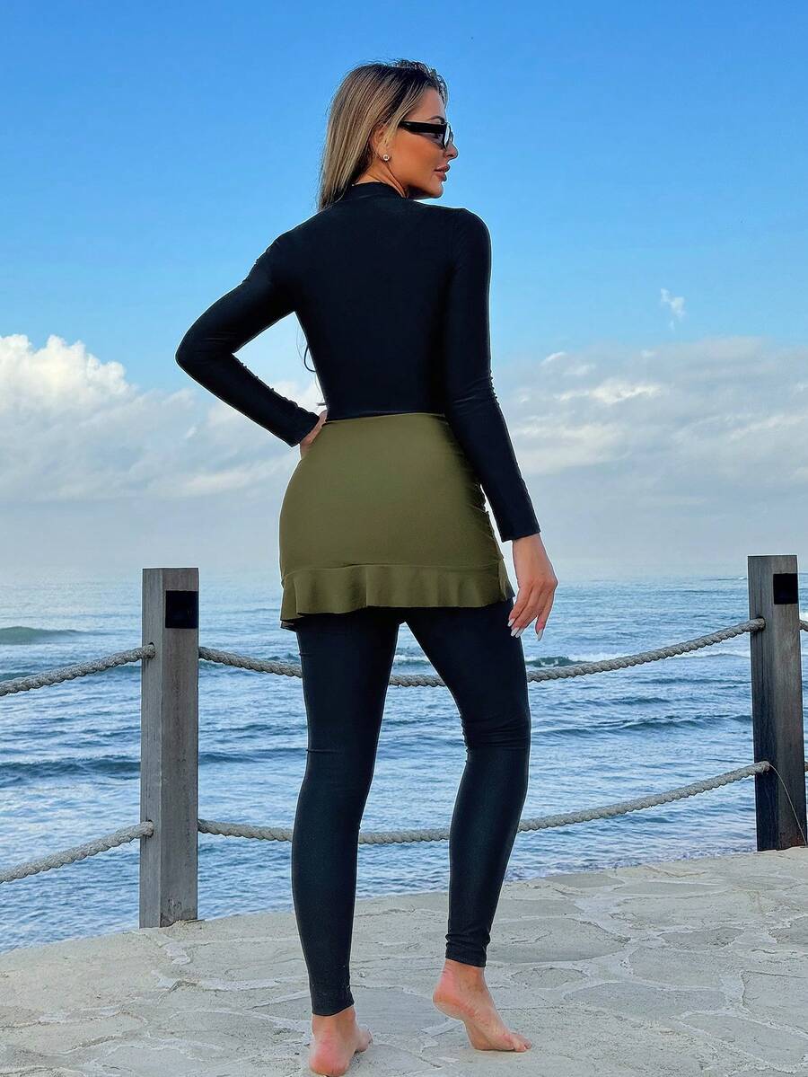 SHEIN Swim Mulvari 3pcs Women's Solid Long Sleeve Top, Long Pants, And