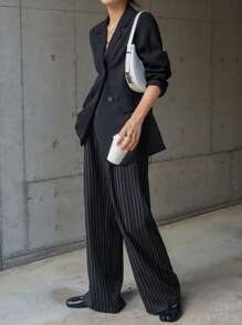 FRIFUL Quần ống rộng kẻ sọc đơn giản có túi cho nữ - màu đen - Xem 2