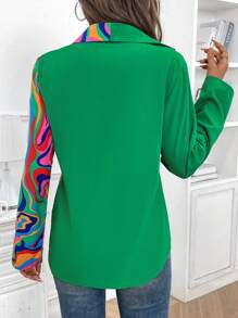 SHEIN Clasi Blouse longue manches à col châle avec bloc de couleurs à motif vague (imprimé aléatoire) pour femmes