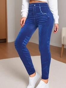 Leggings con efecto de mezclilla de estilo europeo y americano a la moda, de tela cómoda y suave para fitness, running, uso casual, yoga, actividades al aire uso diario, con patrón de rayas azules en capri - Azul - Ver 6