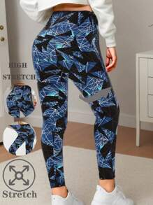 欧美风格女士休闲运动海军蓝色不对称条纹格子印花做旧图案紧身裤，适合健身、锻炼、跑步、瑜伽、体操、居家拉伸、深蹲、塑身、日常穿着、散步、骑自行车、户外探险，7/8 长度