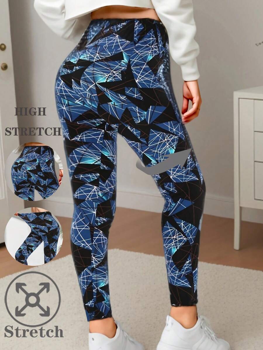 欧美风格女士休闲运动海军蓝色不对称条纹格子印花做旧图案紧身裤，适合健身、锻炼、跑步、瑜伽、体操、居家拉伸、深蹲、塑身、日常穿着、散步、骑自行车、户外探险，7/8 长度