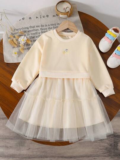 SHEIN 年轻女孩休闲宽松纯色圆领长袖运动衫连衣裙，带网眼面板设计，适合秋季