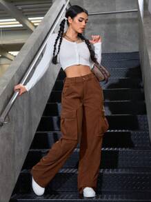 Women's Plain Color Cargo Pocket Loose Wide Leg Casual Pants