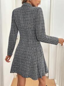 SHEIN Clasi 女士双排扣经典黑白格纹图案长袖优雅时尚中长连衣裙 - 黑與白 - 查看 2