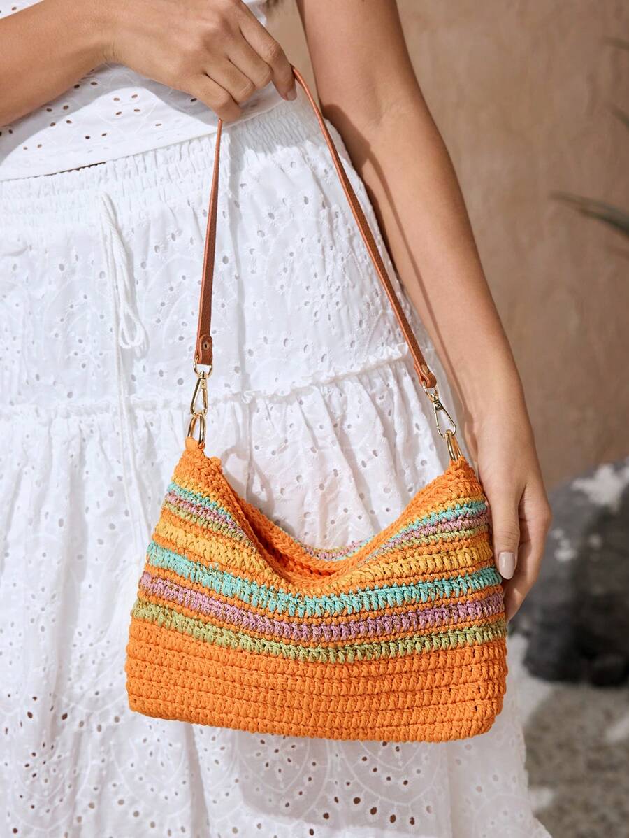 SHEIN VCAY 女士手工编织单肩包（颜色随机） - 橘色 - 查看 1