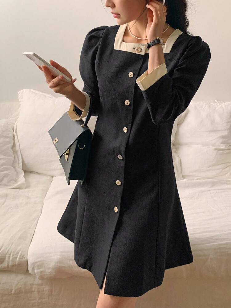 Women Color Block Puff Sleeve Single-Breasted Elegant Dress