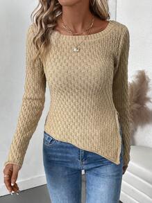 SHEIN LUNE 女士纯色侧开衩修身毛衣，秋冬款 - 卡其色 - 查看 1